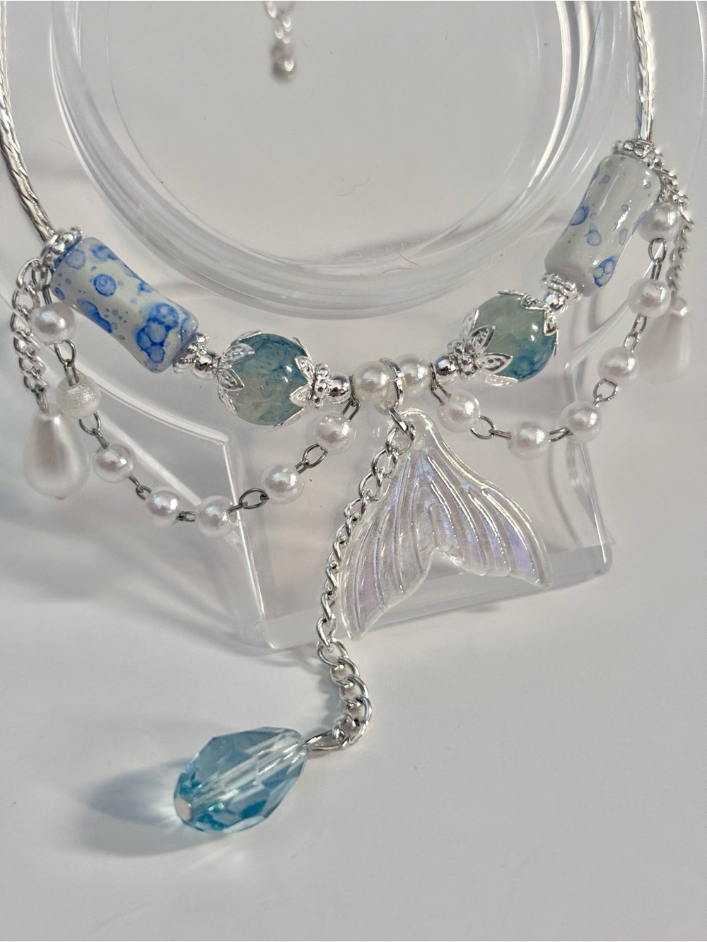 Hand Crafted Silver Bracelet with Blue and White Beads and Mermaid Tail Charm - Picture 2 of 7